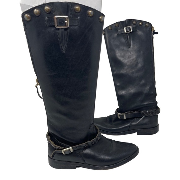 GOLDEN GOOSE Rosebowl Black Leather Custom Brass tall riding Boots 37 - Picture 1 of 12